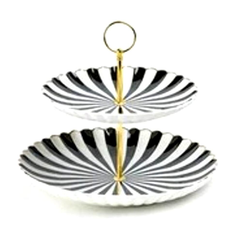 Grace Teaware Porcelain Black & White Striped 2-Tier Service Tray New